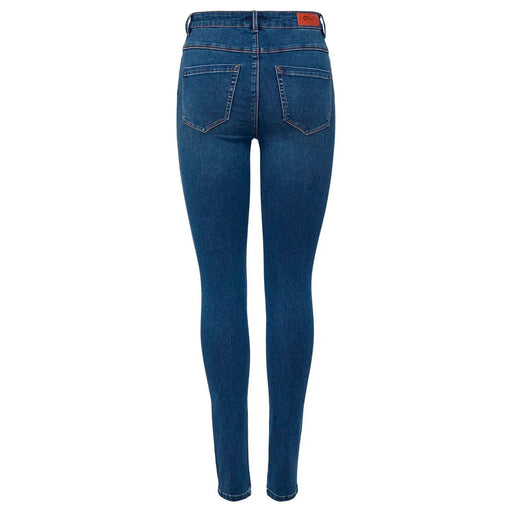 Dunkelblaue Baumwoll-Denim-Jeans für Damen mit taillierter, hoher Taille und klassischen Gesäßtaschen, die die Rückseite zeigen