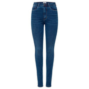 Dunkelblaue, hochgeschnittene Skinny-Jeans aus Baumwoll-Denim für Damen mit klassischer Struktur und dezenter Waschung – perfekt für Herbst und Winter.