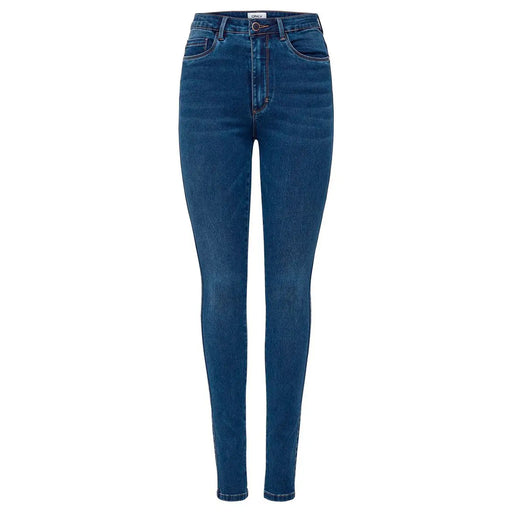 Dunkelblaue, hochgeschnittene Skinny-Jeans aus Baumwoll-Denim für Damen mit klassischer Struktur und dezenter Waschung – perfekt für Herbst und Winter.