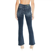 Rückseite only Damen-Jeans aus blauem Baumwoll-Denim, Stretch, Herbstmode, mit dunkler Waschung, Schlagjeans mit verwaschener Tasche und Used-Effekten