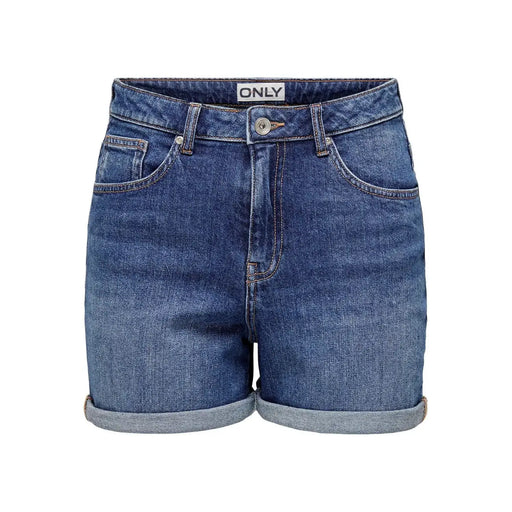 Only women blue cotton denim shorts with rolled hem five-pocket design and brand label at waistband organic regular fit