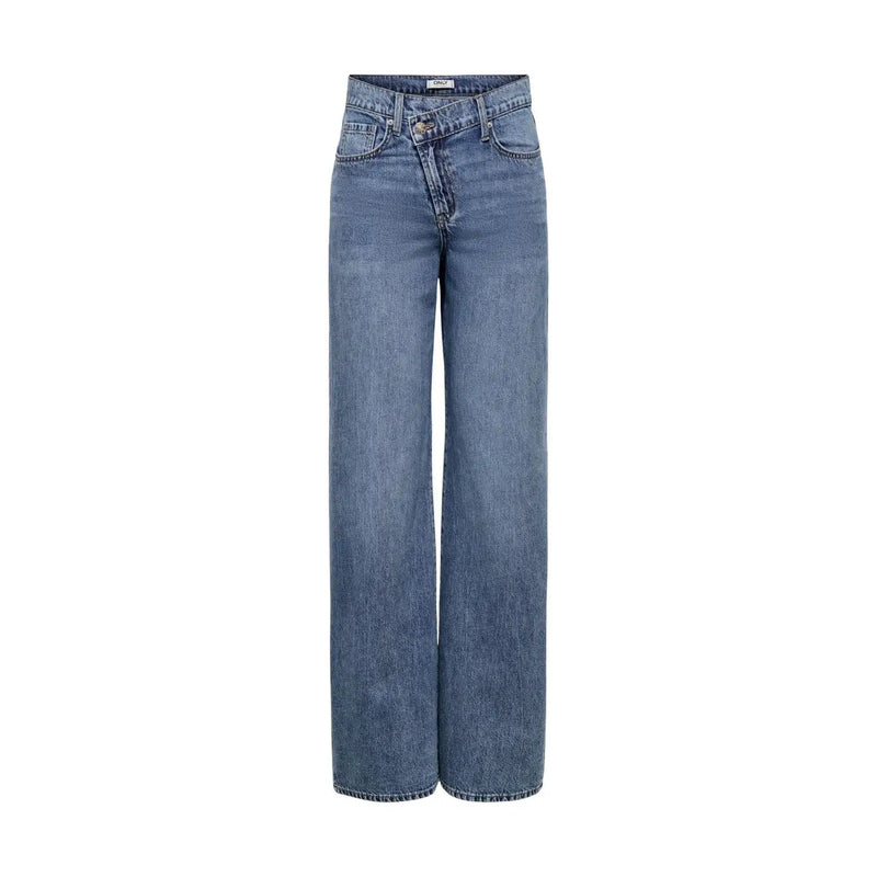 Only Jean en coton bio bleu pour femme, taille haute, jambes larges, délavage bleu moyen, fermeture boutonnée