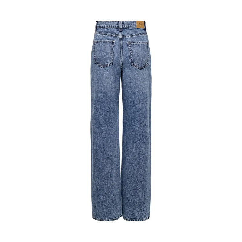 Vue arrière de only Jean en coton bleu pour femme, mélange de coton biologique, taille haute, jambes larges, poches classiques et empiècement en cuir.
