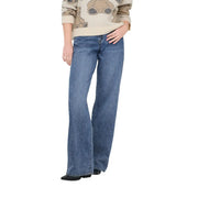 Only Jean flare en denim bleu moyen pour femme, coupe classique cinq poches et détails de surpiqûres, en mélange de coton biologique
