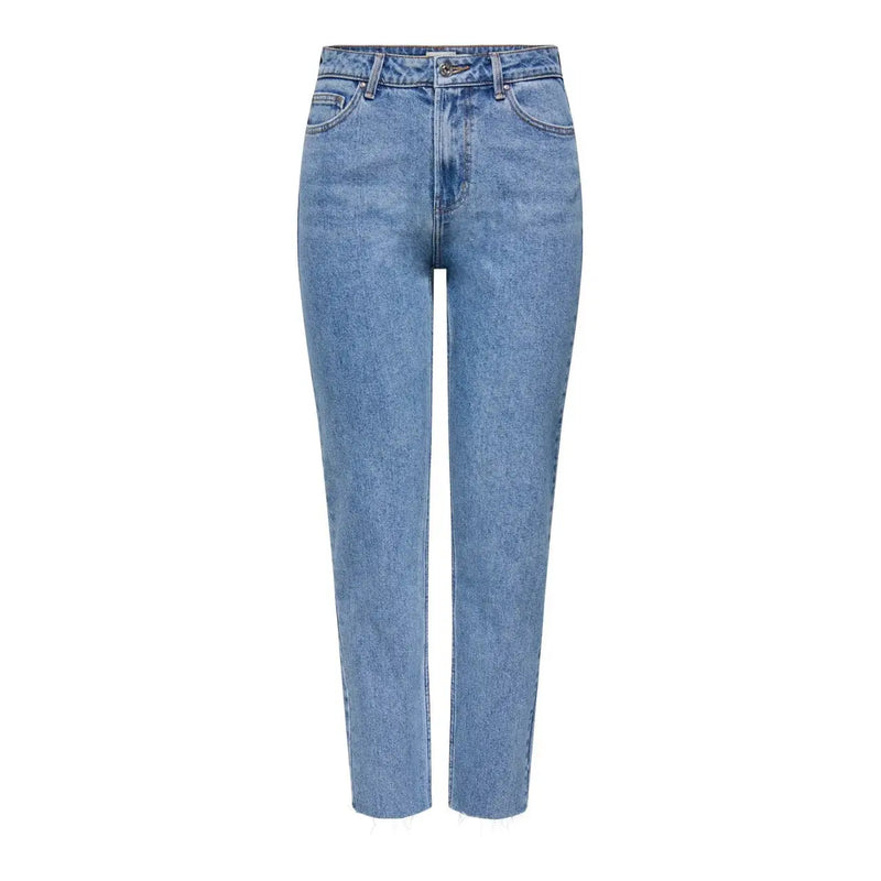 Only women blue cotton jeans in light-wash with high-rise fit and straight-leg cut for regular wear