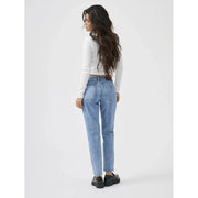 Only women blue cotton jeans regular fit shown from the back with light-wash high-rise straight-leg design and brown leather belt loop