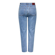 Only women blue cotton jeans regular fit light-wash denim with straight-leg cut and red leather brand patch at waistband back side