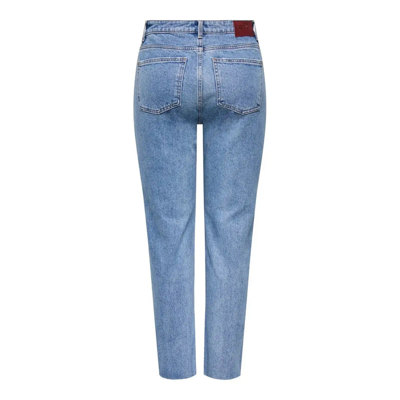 Only women blue cotton jeans regular fit light-wash denim with straight-leg cut and red leather brand patch at waistband back side