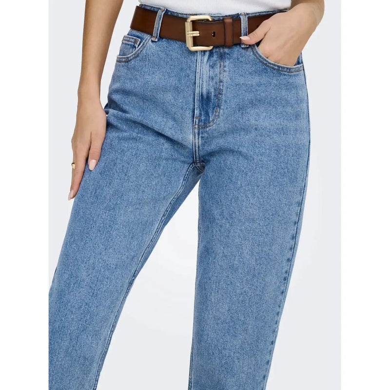 Only women blue cotton jeans regular fit with medium-wash high waist straight-leg cut and brown leather belt with gold buckle