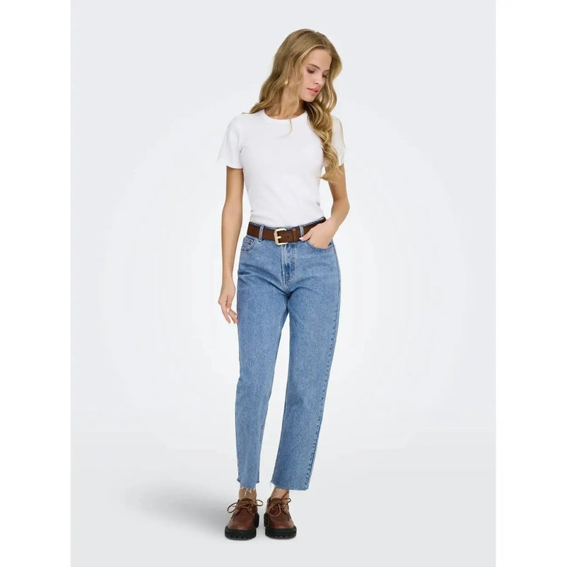 Only women blue cotton jeans regular fit light-wash denim with straight-leg cut and frayed hems paired with brown belt