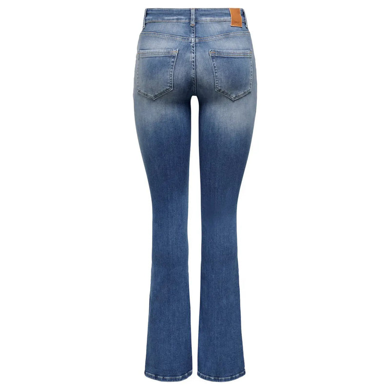 Only women blue denim jeans cotton blend in back view featuring faded wash and classic back pockets