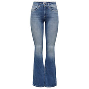 Only Women blue denim jeans featuring a faded wash flare design with classic five-pocket cotton blend fabric