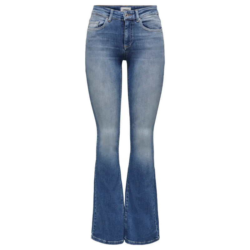 Only Women blue denim jeans featuring a faded wash flare design with classic five-pocket cotton blend fabric