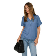 Only women blue lyocell blouse short sleeve button up with v neck and rolled cuffs in front view