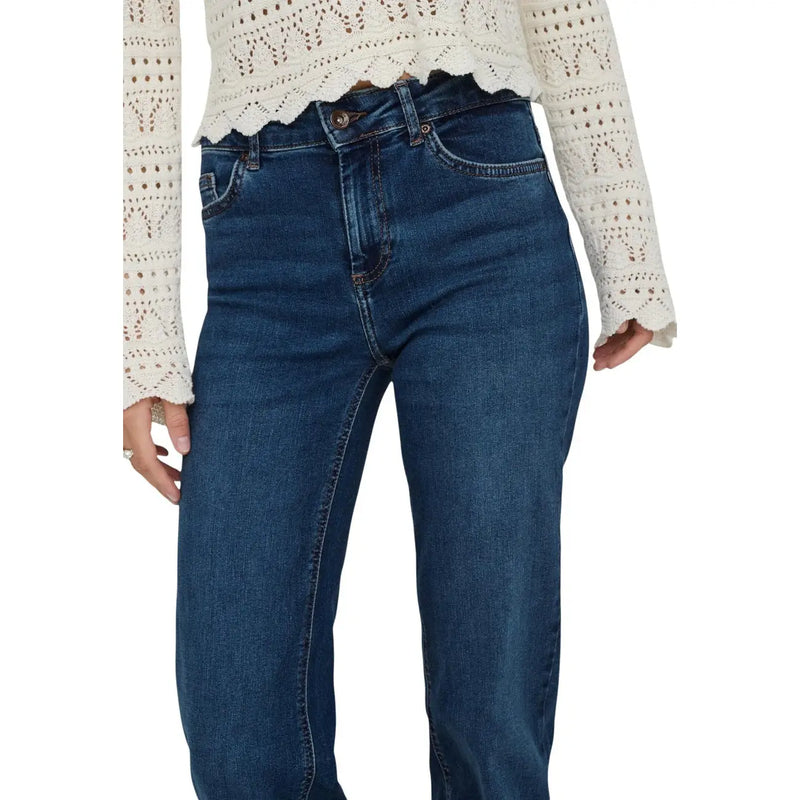 Dark blue high waist straight-leg cotton denim jeans for women by Only in mid blue color