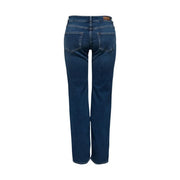 Dark blue straight-leg denim jeans for women made of cotton with a brown leather brand patch at the waistband