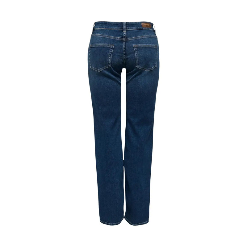 Dark blue straight-leg denim jeans for women made of cotton with a brown leather brand patch at the waistband