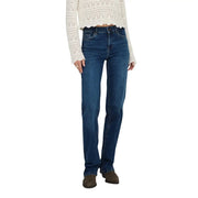Dark blue cotton denim only women mid straight jeans with classic five-pocket design and straight-leg cut