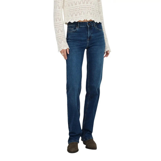 Dunkelblauer Baumwolldenim only Damen-Jeans mit geradem Bein und mittellangem Schnitt, klassischem Fünf-Taschen-Design.