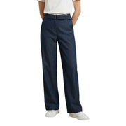 Navy blue wide-leg trousers for women with a belt, zip, button closure, and front pockets by Only