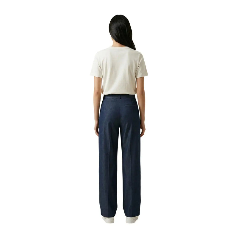 Only women blue navy trousers with belt zip and button 15364245 featuring wide-leg tailored fit and subtle front pleats