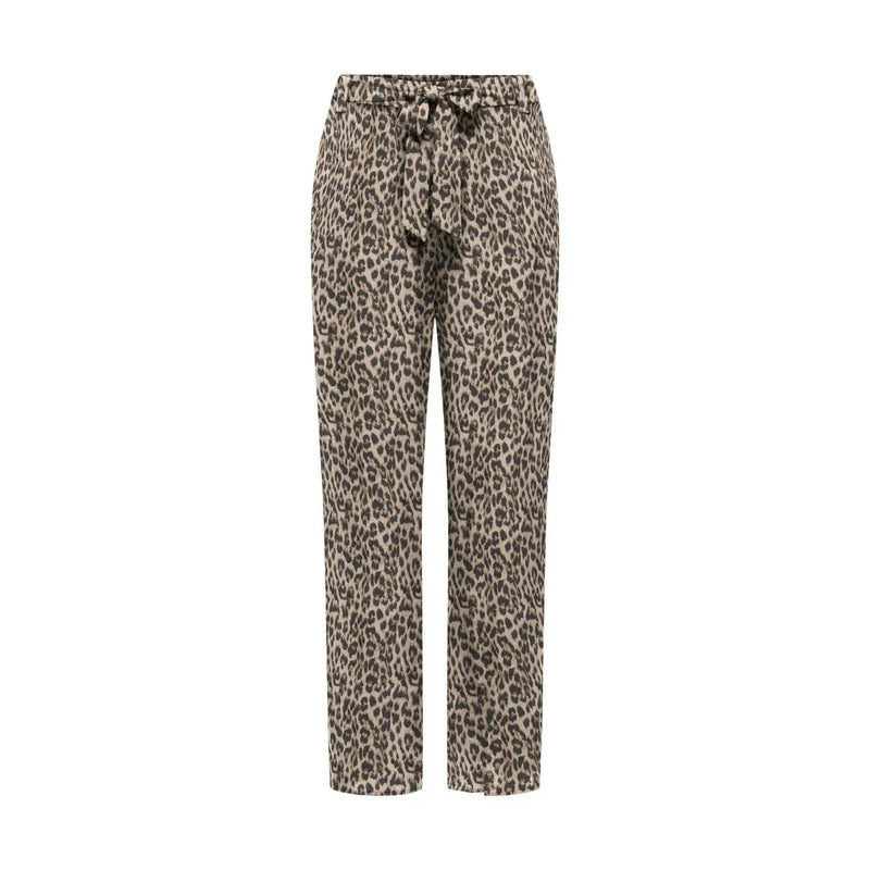 Taupe and brown leopard-print high-waisted trousers with self-tie belt in viscose for women by Only