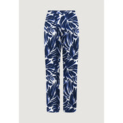 Only women blue viscose palazzo trousers in white featuring a bold navy blue tropical leaf pattern