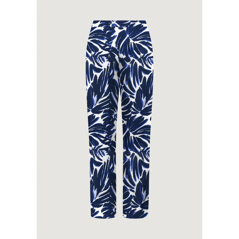 Only women blue viscose palazzo trousers in white featuring a bold navy blue tropical leaf pattern