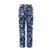 Only women blue viscose palazzo trousers featuring white fabric with bold navy blue tropical leaf pattern