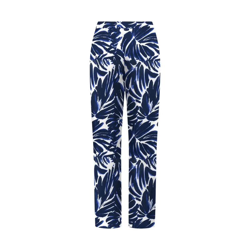 Only women blue viscose palazzo trousers featuring white fabric with bold navy blue tropical leaf pattern