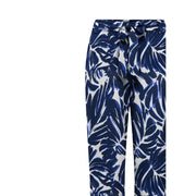 Only women blue viscose palazzo trousers with white leaf pattern high-waisted and tied waistband design