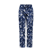 Only women blue viscose palazzo trousers with blue and white tropical leaf pattern high-waisted and tied waistband