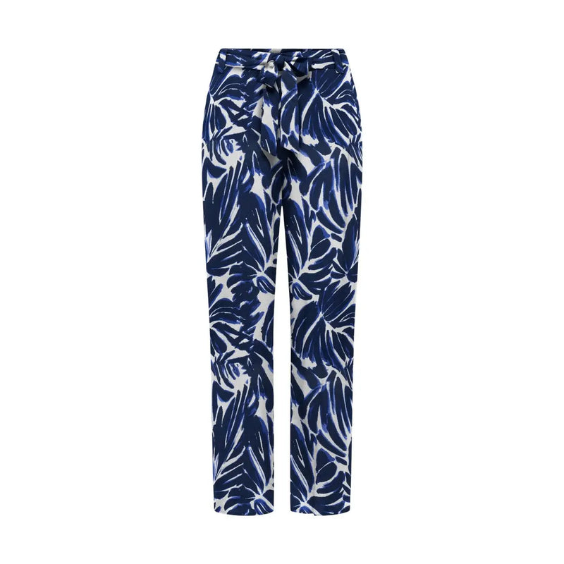 Only women blue viscose palazzo trousers with blue and white tropical leaf pattern high-waisted and tied waistband