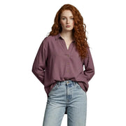 A soft muted purple only women bordeaux linen blend long classic v neck button-up shirt with relaxed fit and long sleeves