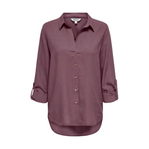 Only women bordeaux linen blend long classic v neck shirt in soft mauve with long sleeves rolled cuffs and curved hem