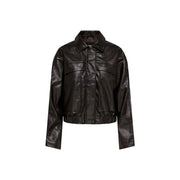 Black faux leather bomber jacket with collar front zipper and two chest pockets for women’s classic outerwear