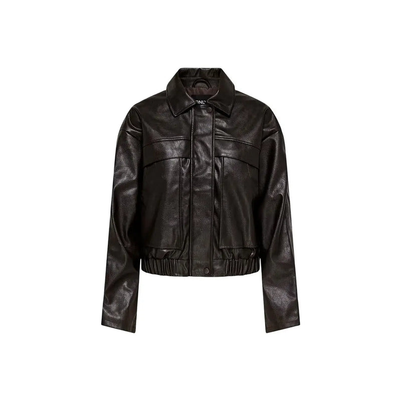 Black faux leather bomber jacket with collar front zipper and two chest pockets for women’s classic outerwear