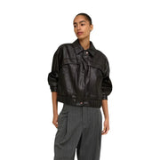 Black faux leather bomber jacket with elasticated cuffs and relaxed cropped silhouette styled for women