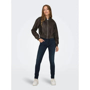 Only women brown polyester blazer with long zip pockets and a dark brown leather bomber jacket with front zipper and ribbed cuffs