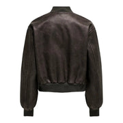 Dark brown leather bomber jacket with ribbed cuffs and waistband featured with long zip pockets in polyester blazer style