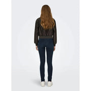 Only women brown polyester blazer with long zip pockets worn over dark brown leather bomber jacket and blue skinny jeans