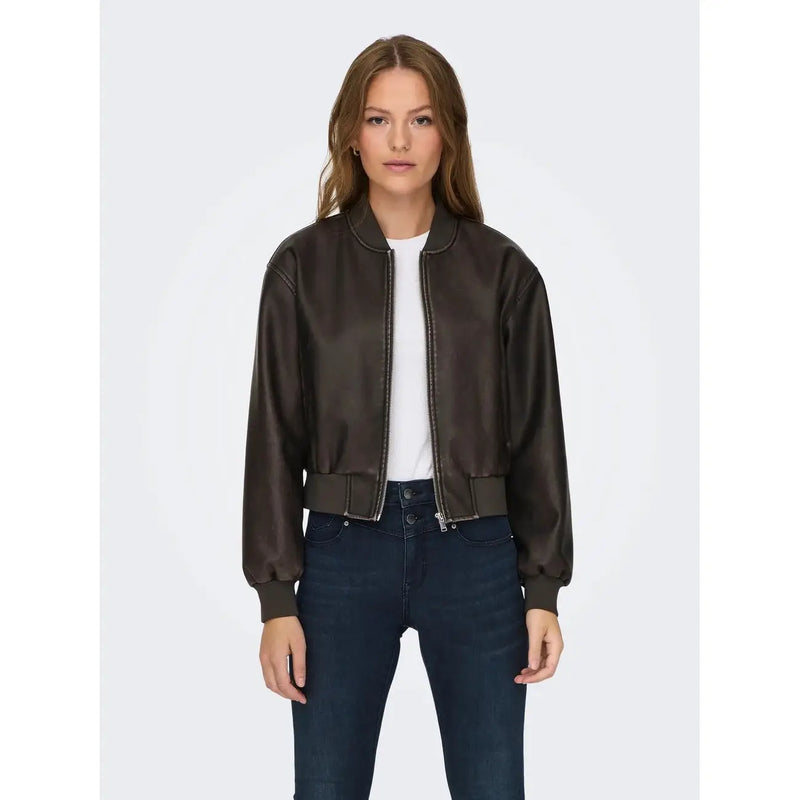 Dark brown faux leather bomber jacket with ribbed cuffs and waistband from Only Women polyester blazer collection