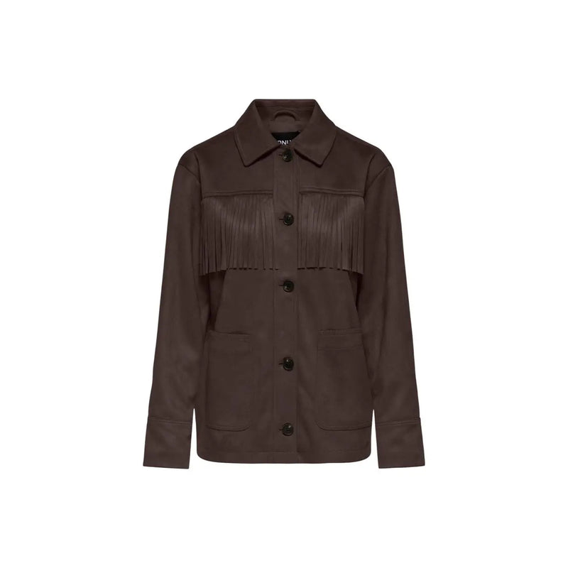 Only women brown suede fringe blazer jacket with chest fringe detailing and black buttons