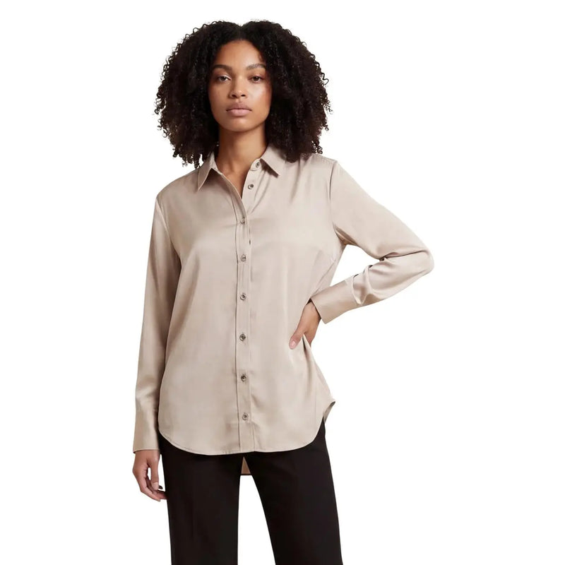 Beige satin long sleeve blouse with buttons and classic collar in viscose for women by Only