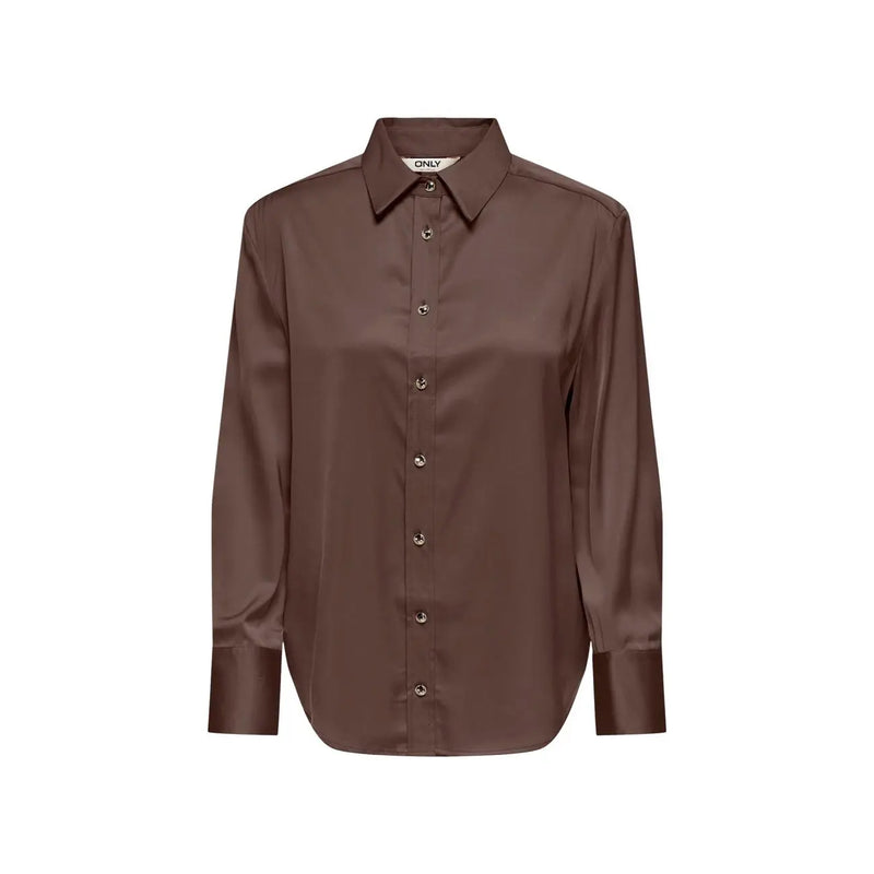 Only women brown viscose long classic shirt featuring a sleek satin finish with a round neck and metallic buttons