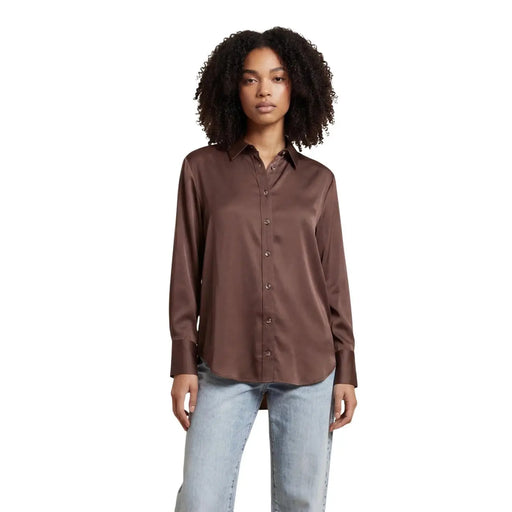 Only women brown viscose long classic shirt with sleek satin button up design and classic collar and cuffs