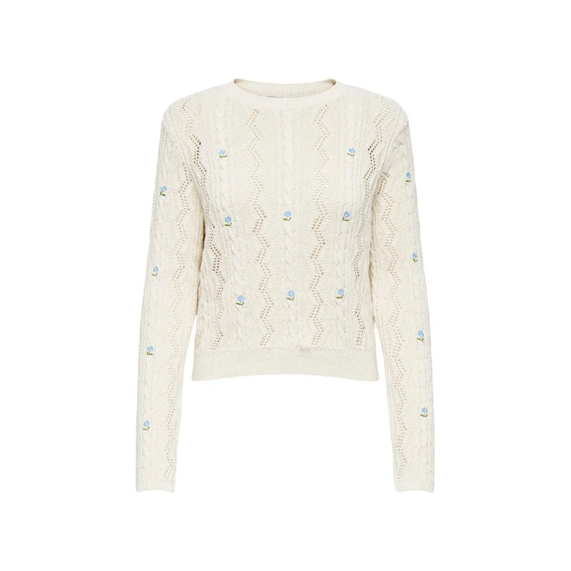 cremefarben only Damenpullover aus Baumwollmischgewebe mit Zopfmuster und kleinen gestickten Blumen