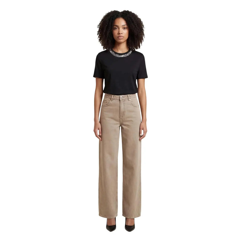 Beige cotton high-rise wide-leg jeans for women with classic five-pocket design and subtle stitching details spring summer