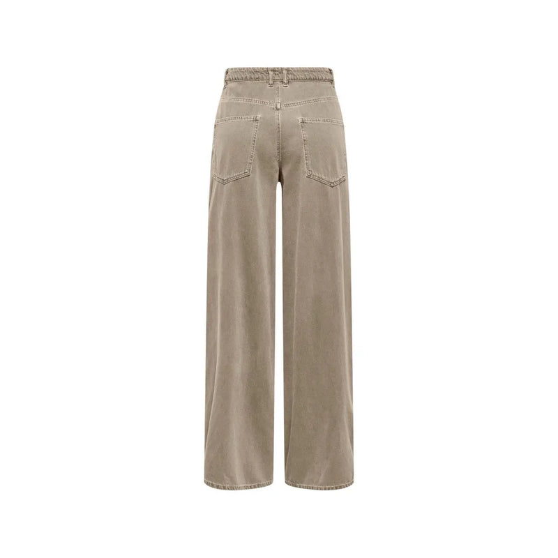 Beige wide-leg cotton denim jeans for women with a relaxed fit and classic back pockets shown from the back side