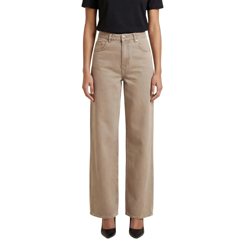Beige cotton high-rise wide-leg jeans for women with classic five-pocket design and button closure spring summer style